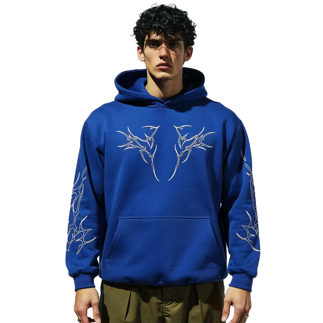 Male model wearing Electric Rush Edition blue oversized unisex hoodie with graphic line art design
