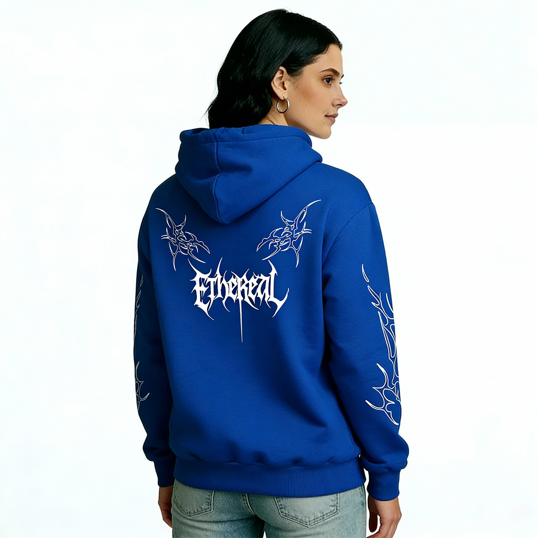 Unisex blue oversized streetwear hoodie from Electric Rush Edition worn casually by models