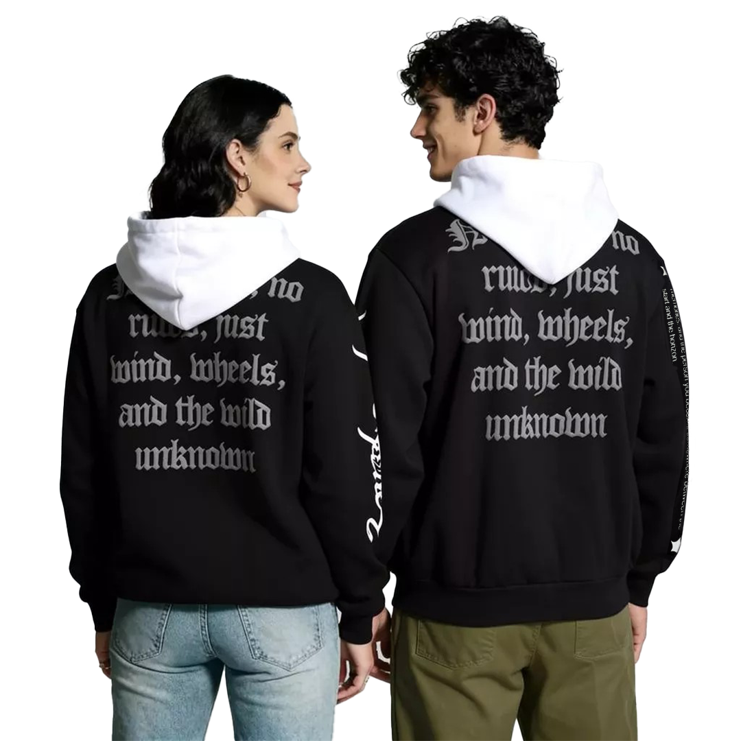 Two people wearing black hoodies with text on the back, facing each other against a white background.