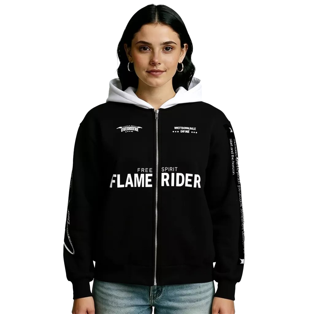 Person wearing a black oversized hoodie with 'Free Spirit Flame Rider' text on a white background