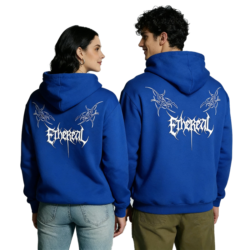 Back view of Electric Rush Edition blue oversized hoodie unisex showing printed design on premium fabric