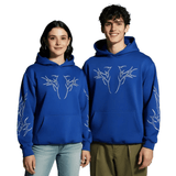 Blue Oversized hoodie with graphic line art design, worn by male and female models