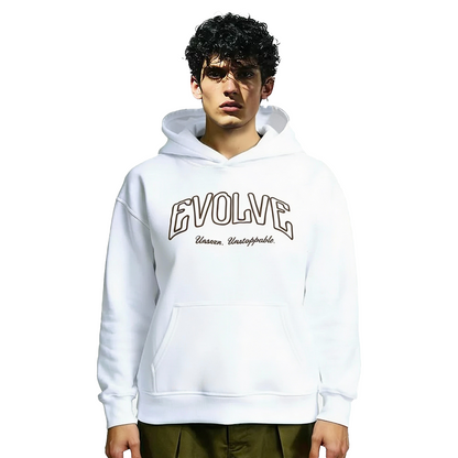 Men wearing white Evolve oversized hoodie front view streetwear style