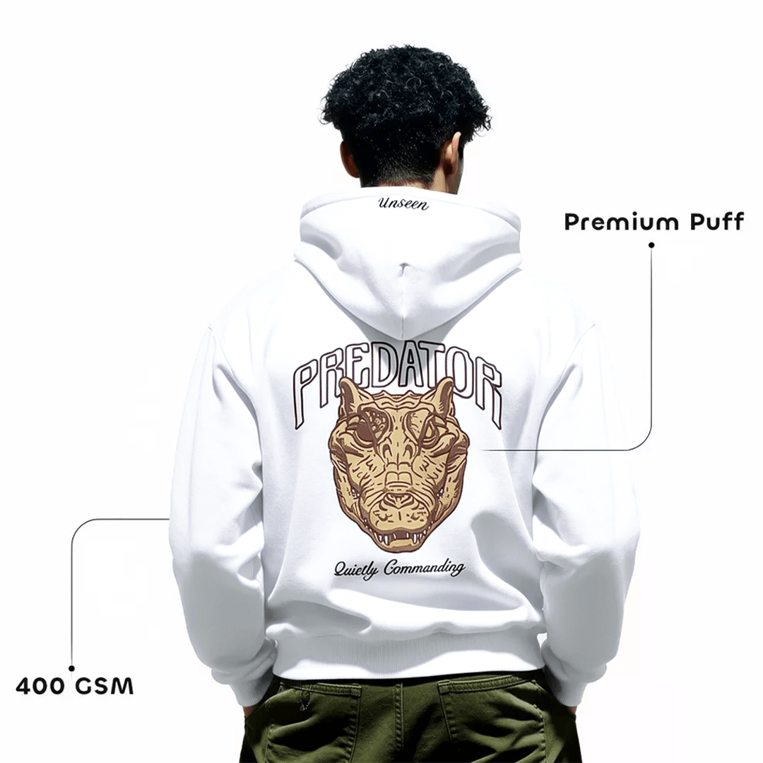 Men’s white Evolve oversized hoodie with premium puff print detail