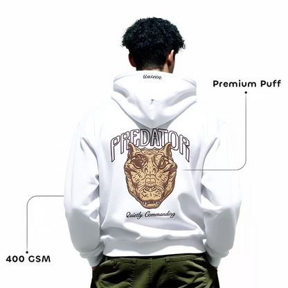Men’s white Evolve oversized hoodie with premium puff print detail