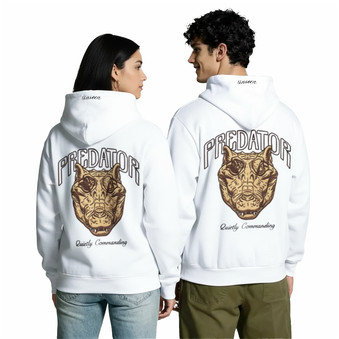 Back view of unisex Evolve oversized hoodie with animal instinct graphic print