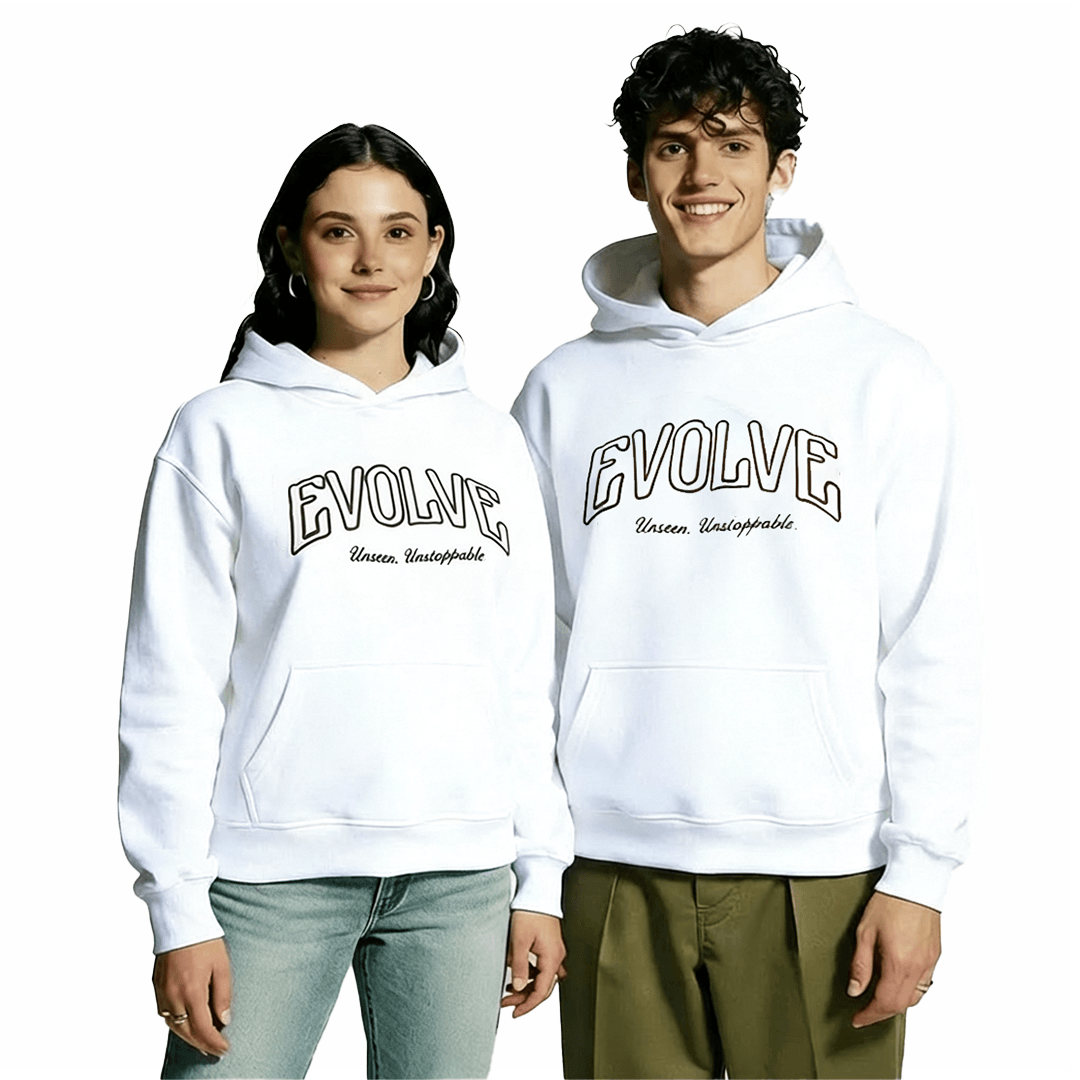 Unisex white oversized hoodie worn by male and female models front view