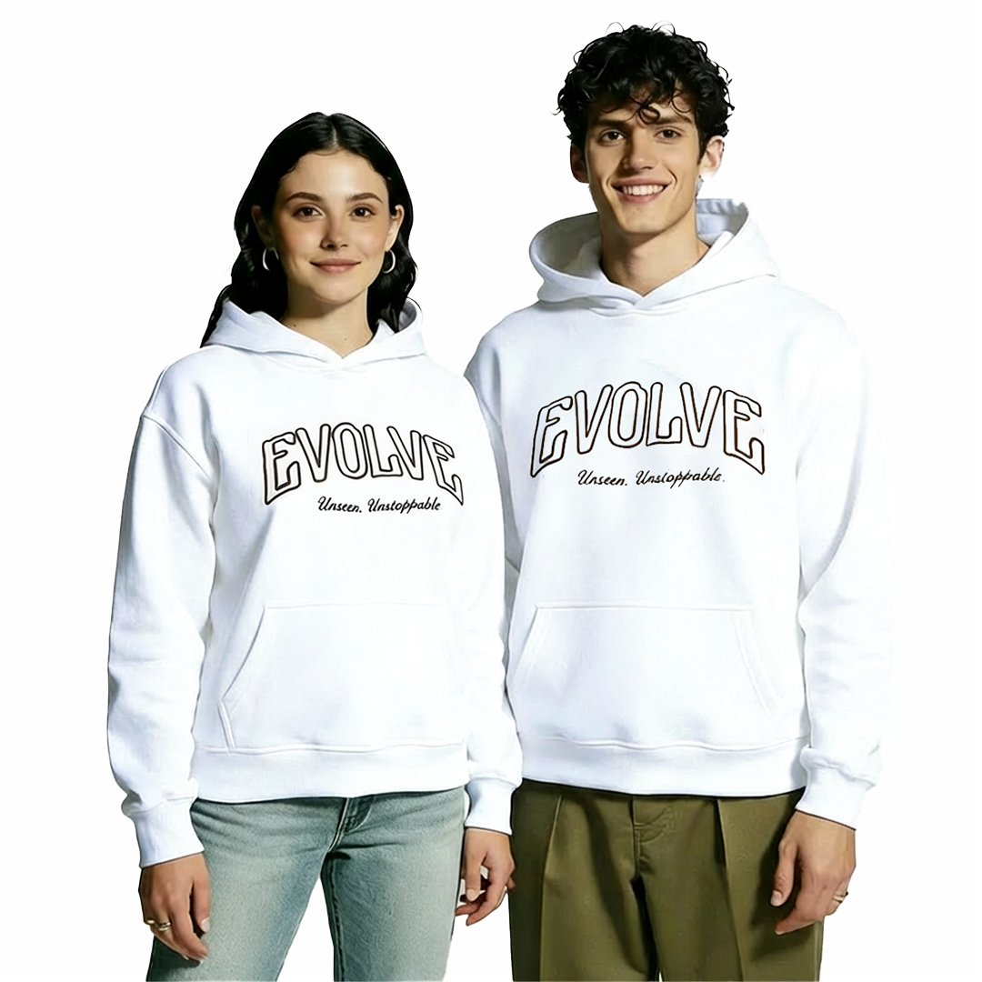 Unisex white oversized hoodie worn by male and female models front view
