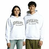 Unisex white oversized hoodie worn by male and female models front view