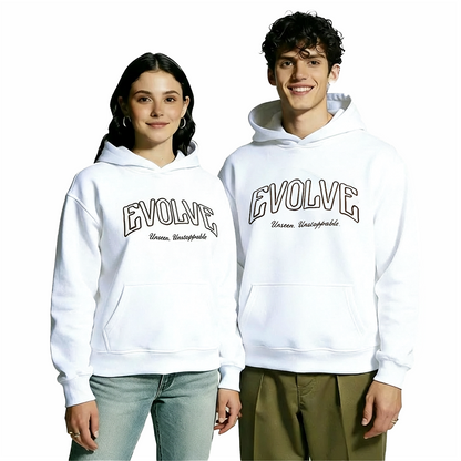 Unisex white oversized hoodie worn by male and female models front view