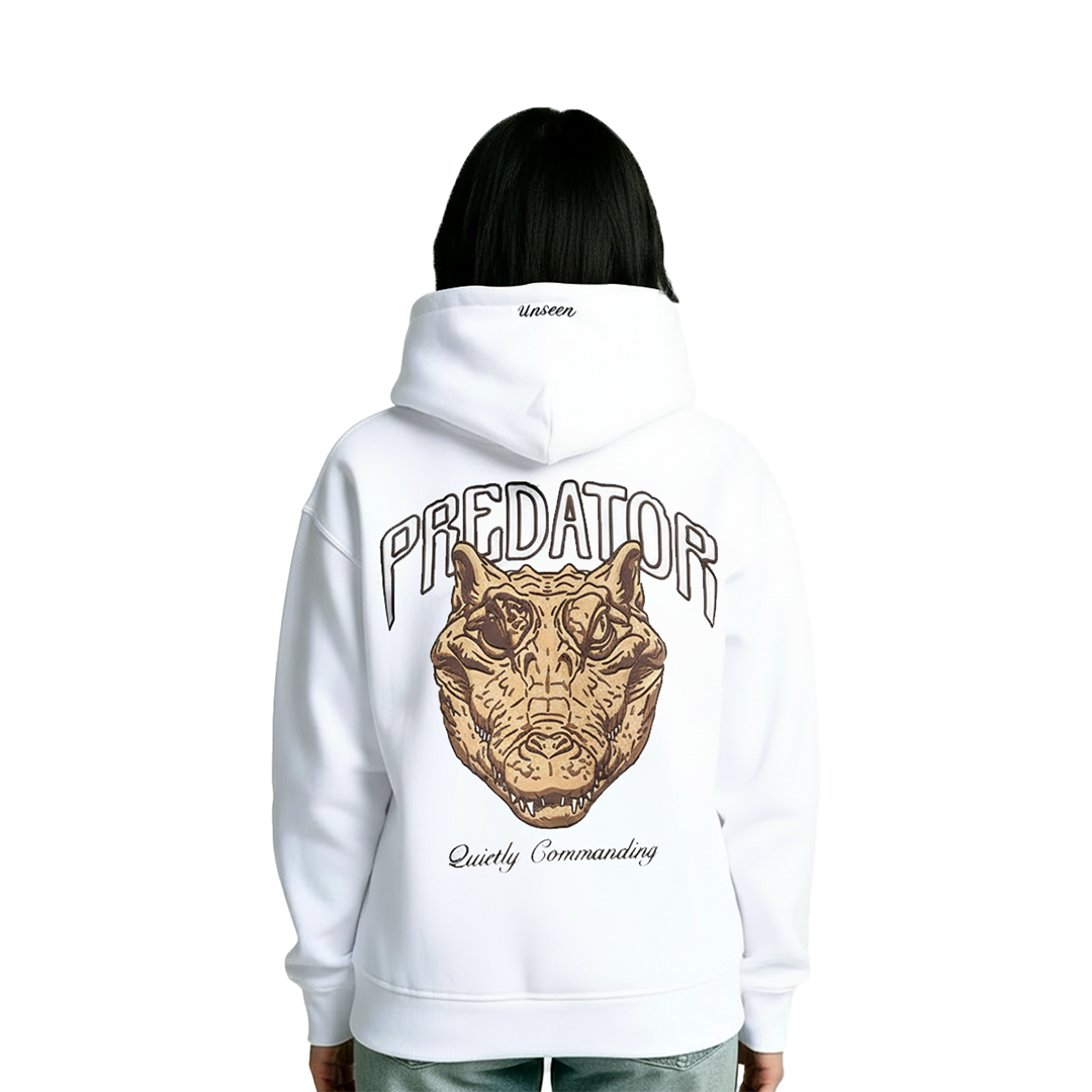 Back view of women’s white graphic hoodie with bold animal predator written on back