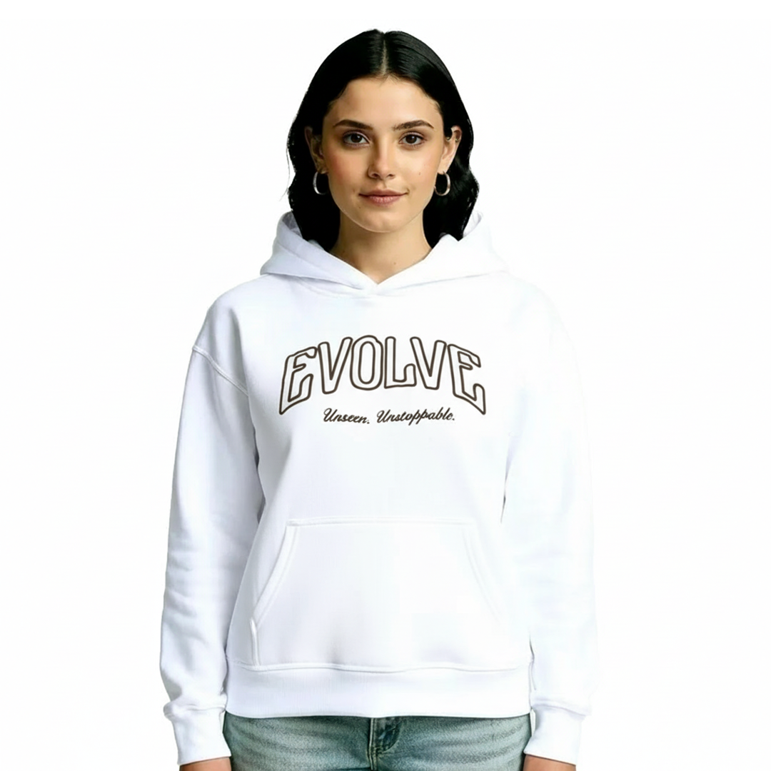 White oversized hoodie for women female model front view 