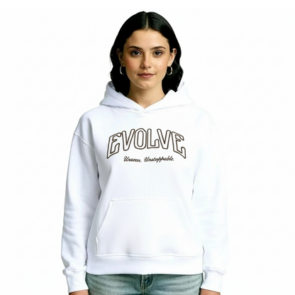 White oversized hoodie for women female model front view 
