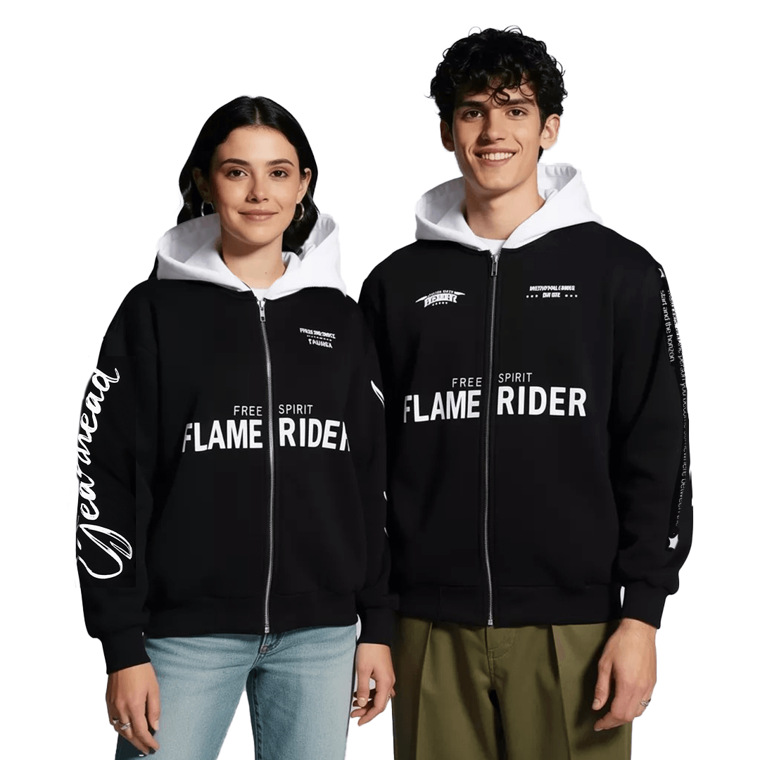 Two people wearing black hoodies with 'Free Spirit Flame Rider' text on a white background