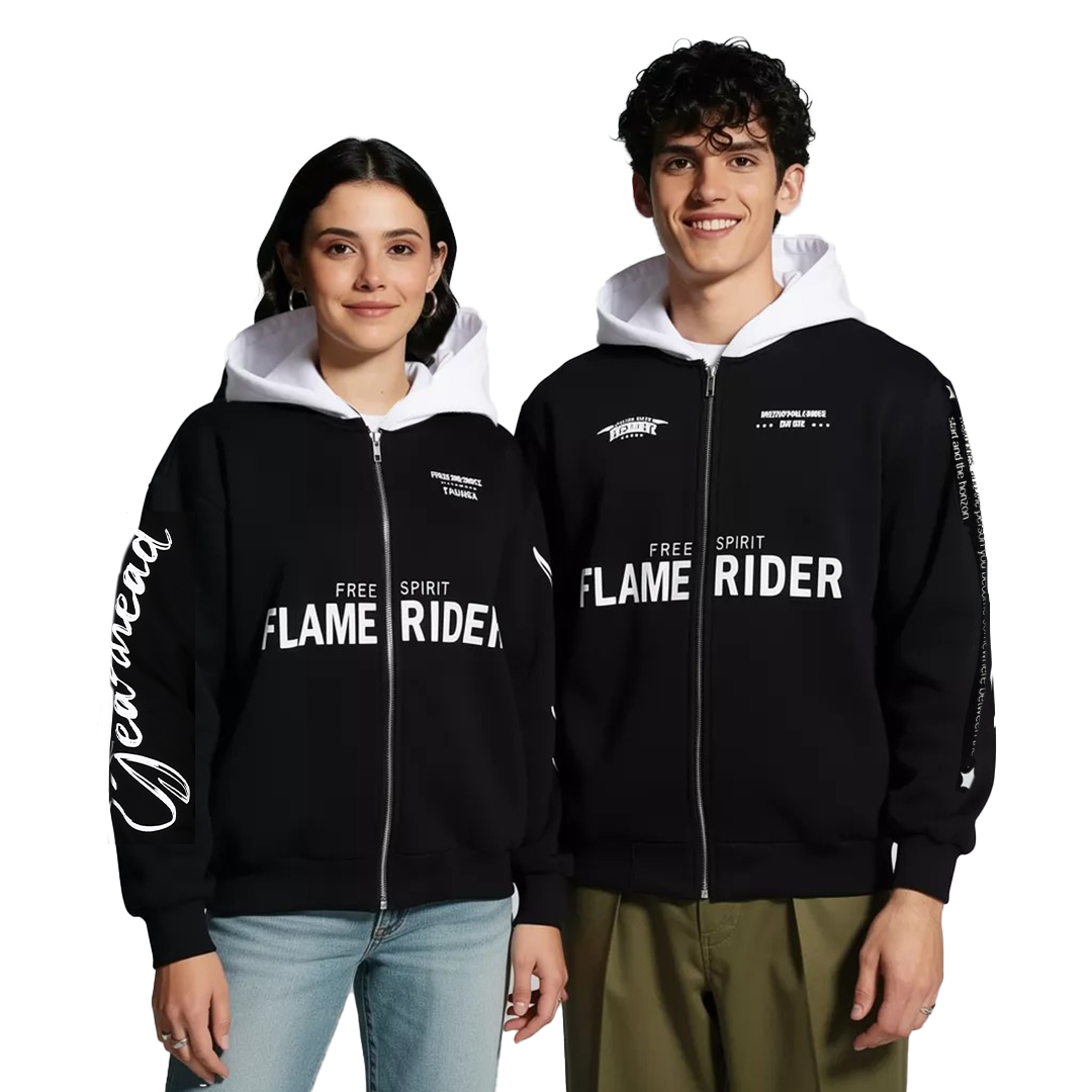 Two people wearing black hoodies with 'Free Spirit Flame Rider' text on a white background
